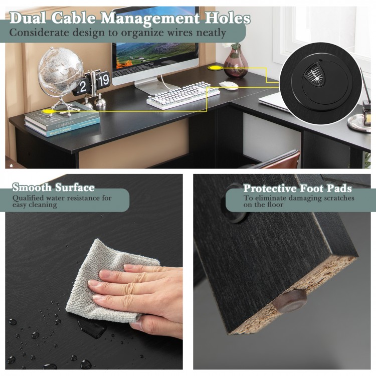 L-shaped computer desk with cable management holes, durable engineered wood, and protective foot pads for home office.